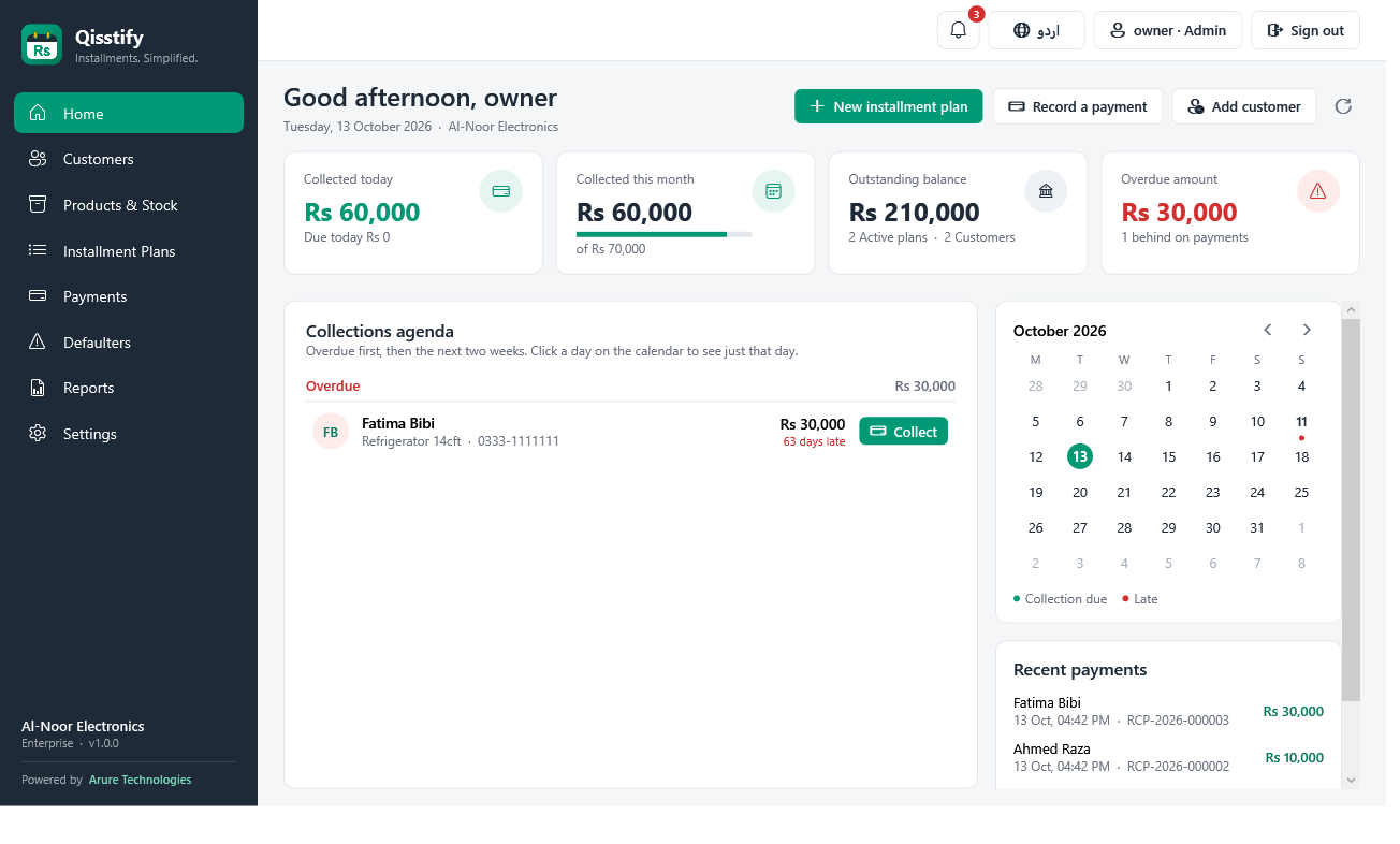 Qisstify Home page with collections, overdue amount, a collections agenda, calendar and recent payments