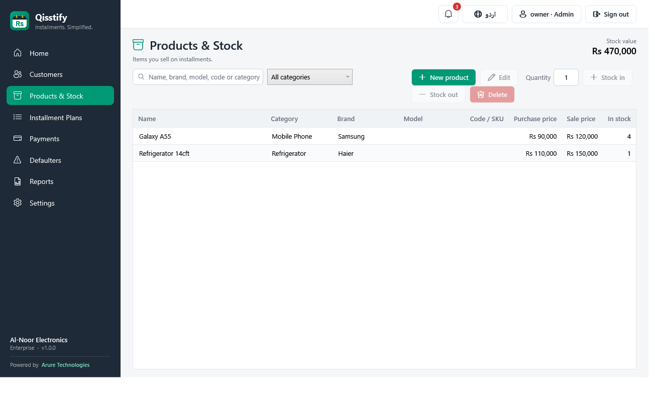 Products and stock list with categories, purchase and sale prices and stock levels