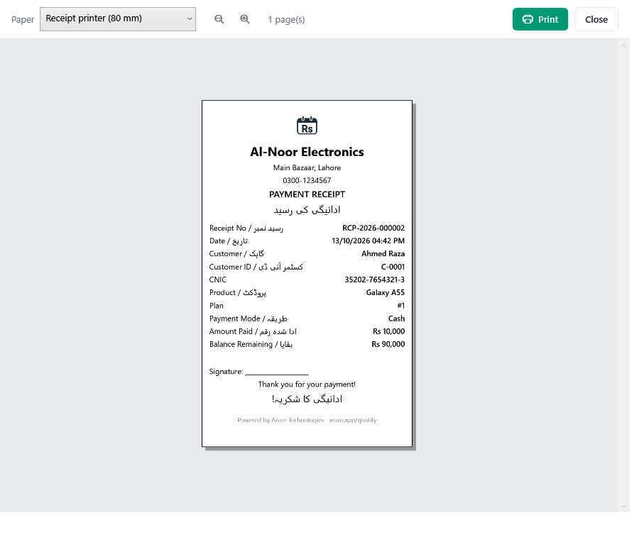 An 80 mm payment receipt with English and Urdu labels, customer ID, amount paid and balance remaining